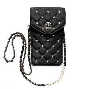 Badgley Mischka Diamond Quilted Studded Pearls Crossbody Phone Case Black NWT